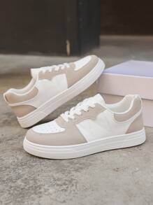 Women's Casual Sports Shoes, Color Block Perforated Design White Flat Athletic Sneakers, Soft Sole Lightweight, Versatile Casual White Shoes