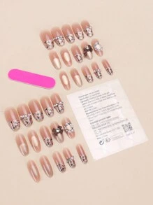 30 Pieces Of Medium Almond Shaped Pressed Fake Nail Patches, Pearl Bow Contrasting Colors Sweet And Cool Japanese And Korean Style Women'S Fingernail Patches, Matched With 1 Piece Of Jelly Glue And 1 Piece Of Rubbing Strip, Suitable For Women'S Parties, Dances, Daily Casual Wear, Detachable And Reusable Nails Nail Supplies Nails