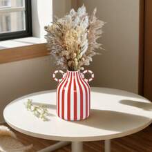 1 pieza Jarrón de cerámica con rayas pintadas a mano de estilo sencillo y flores, decoración para arreglos florales de mesa, decoración del hogar, cocina, boda, mesa, oficina, jardín y exteriores