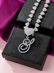 Collares con colgante inicial Cadena de Miami con colgante de letra para mujeres Joyería de estilo Hip Hop con cadena de letras con piedras engarzadas como regalo - Plateado - Ver 6