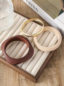 3pcs Fashionable Vintage Creative Geometric Wooden Resin Metal Bracelet Set, Suitable For Women Daily Casual/Party Wear - Multicolor - View 3