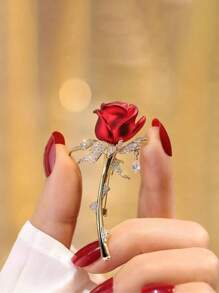 1 szt. Broszka z błyszczącą czerwoną różą, luksusowa, elegancka broszka z kwiatem dla kobiet, uniwersalny dodatek do garnituru, odpowiednia do codziennego użytku, elegancki, prosty, luksusowy i modny prezent na walentynki, prezent urodzinowy na sukienkę