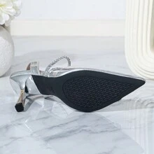 女士尖头高跟鞋，金属皮带水钻装饰露跟一脚蹬浅口鞋，优雅的办公室和派对鞋，春夏季 - 銀色 - 查看 6