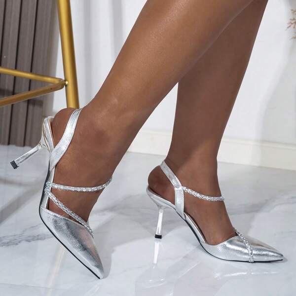 Sapatos femininos de salto alto com bico , tira de couro com metal e strass, calçados estilo slingback sem cadarço, elegantes para escritório e festas, primavera/verão