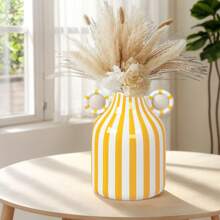 1 pieza Jarrón de cerámica con rayas pintadas a mano de estilo sencillo y flores, decoración para arreglos florales de mesa, decoración del hogar, cocina, boda, mesa, oficina, jardín y exteriores