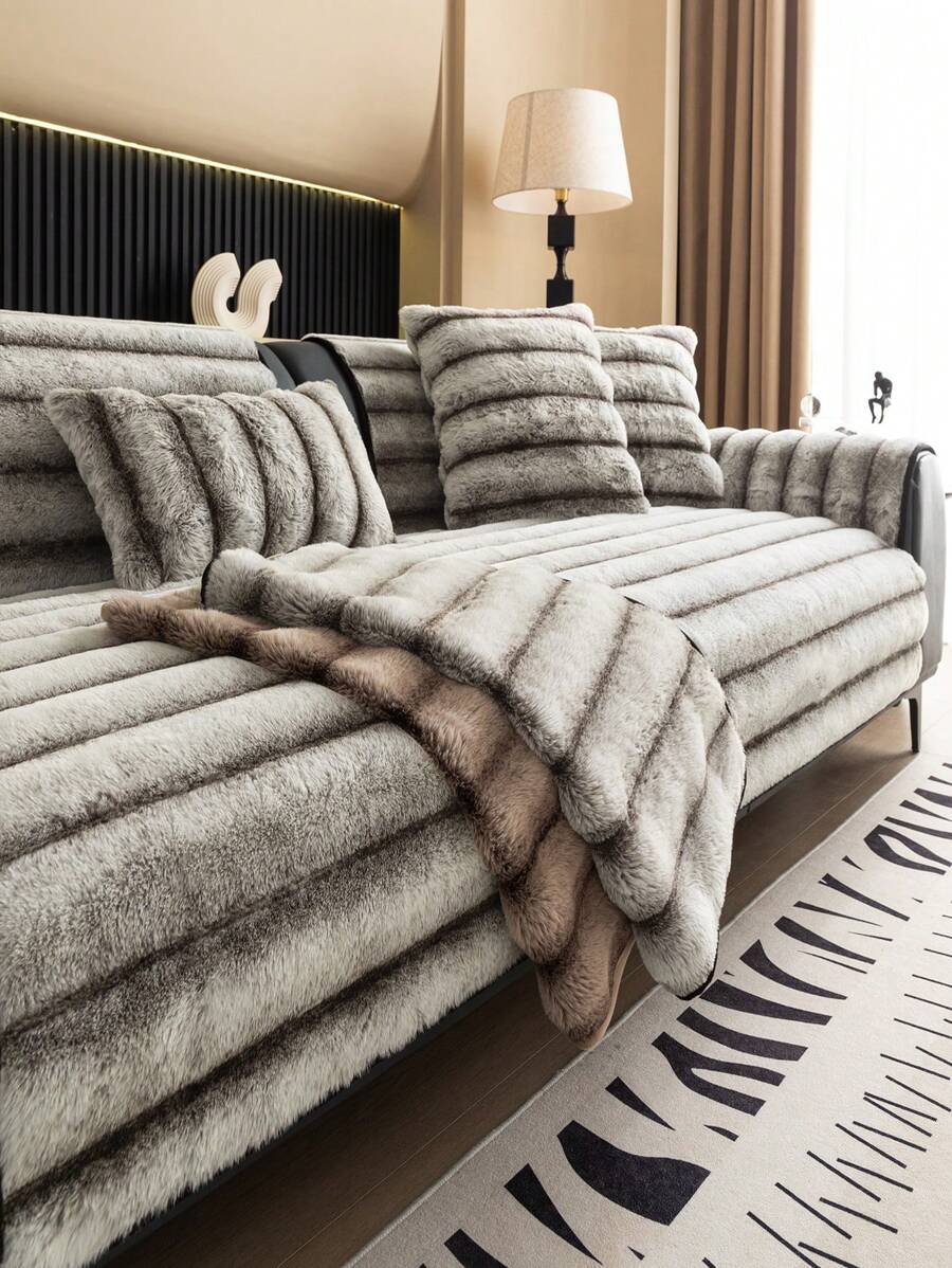 1pc Thick Warm Rabbit Fur Jacquard Sofa Cushion Cover, Style Pet-Friendly Anti-Dirty Anti-Slip Sofa Throw, Autumn/Winter Pet Sofa Mat, Anti-Scratch Sofa Protector Suitable For L-Shaped Combination Sofa And 1/2/3/4 Seat Sofa (Sold Individually, Pillow Cover Not Included)