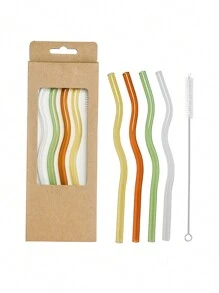 5pcs Wavy Glass Straws With 1 Cleaning Brush,Reusable Colorful Glass Straws,With 1 Cleaning Brush,Party Straws,Heat Resistant,Very Suitable For Slush, Tea, Coffee,Juice And Cocktails, Holiday Party Wedding Cocktail Bar Beach, Kitchen Utensils, Party Supplies, 20cm/7.8inch, For Outdoor, Camping
