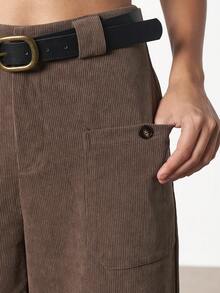 Women Solid Straight Leg Thick Corduroy Casual Trousers With Pockets & Belt, Spring