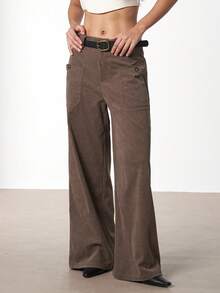 Women Solid Straight Leg Thick Corduroy Casual Trousers With Pockets & Belt, Spring