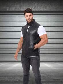 Gilet in pelle PU per motociclisti uomo, giacca senza maniche, stile sportivo da corridore, colore nero, adatto per primavera/estate