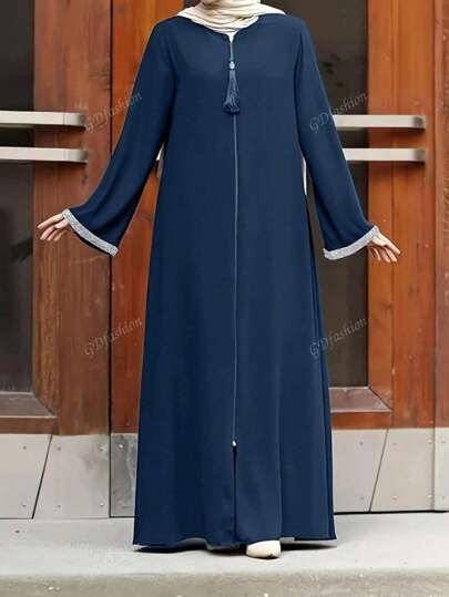 Fashion Women's Casual Solid Color Loose Round Neck Zipper Long Robe Dress, Modest Abaya