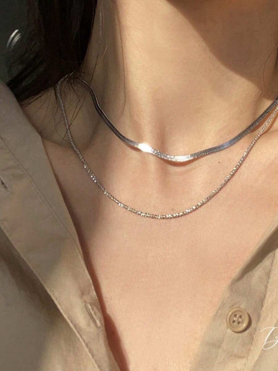 KIT 2 Laminated Women's Necklace + DELICATE LUXURY SHINE Necklace LONG MAXI CHAIN In 925 Silver Plated - 銀色 - 查看 1