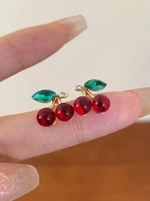 1 对简约小樱桃形百搭时尚耳环，适合女性在新年、圣诞节、情人节、婚礼、日常和节日、妈妈、母亲、母亲节、礼物佩戴 - 彩色 - 查看 1