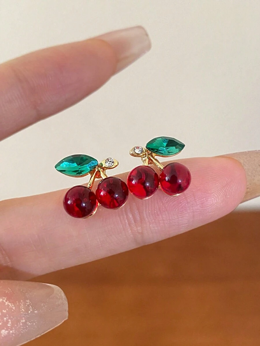 1 对简约小樱桃形百搭时尚耳环，适合女性在新年、圣诞节、情人节、婚礼、日常和节日、妈妈、母亲、母亲节、礼物佩戴 - 彩色 - 查看 1