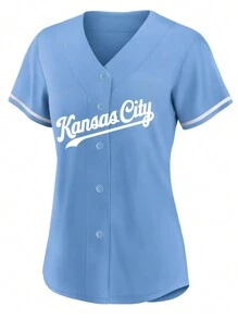 Maglietta da baseball personalizzabile con nome e numero, ricamata, scollo a V, in stile Kansas City, blu, con bottoni, maniche corte, personalizzata, per feste, allenamenti, competizioni sportive, taglie dalla S alla XXL, fai da te