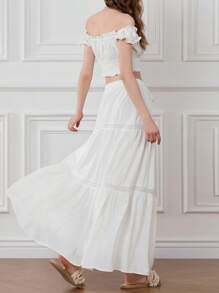 Womens Two Piece Summer Outfits Off Shoulder Frill Trim Crop Tops And Long Skirt Set Beachwear