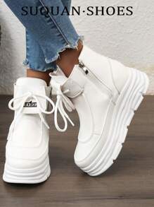 1 Pair Women High-Top Casual Sport Ankle Boots, Korean Fashion Design, 2025 New Leather Short Boots, 5cm Platform Heel - White - View 3