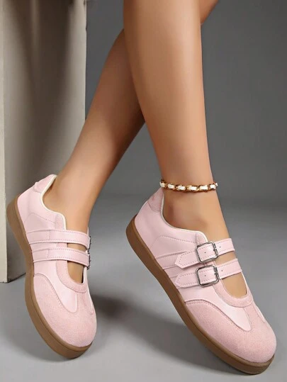 Women's Casual Sneakers, Bestselling Retro Buckle Design Flat Sneakers, White Shoes, Vulcanized Shoes, Platform Sneakers, Pink Shoes With Rubber Soles Providing Timeless Style, Breathable Comfortable Casual Sneakers, Versatile Fashion Leisure Shoes Suitable For All Seasons