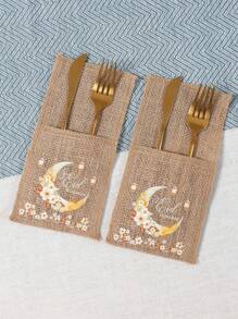 5 件/套粗麻布开斋节餐具收纳袋，带金色新月和灯笼图案，斋月 Kareem 斋月派对装饰，开斋节穆斋月派对礼物，厨房餐桌房间家居装饰，斋月用品 - 查看 2