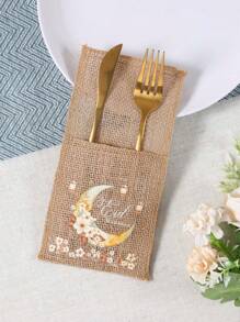 5 件/套粗麻布开斋节餐具收纳袋，带金色新月和灯笼图案，斋月 Kareem 斋月派对装饰，开斋节穆斋月派对礼物，厨房餐桌房间家居装饰，斋月用品 - 查看 3