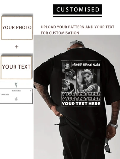 Customized Personalized Men's Casual Loose Round-Neck T-Shirt - Add Your Own Images (Family Photo/Selfie/Pet Photo/Friend Photo/Lover Photo/Girlfriend Photo/Gifts/Logo For Couples/Customizable Tee For Husband Or Boyfriend) And Your Text To Design Your Personalized Printed T-Shirt,Customized Men Active Tops,Street Casual Chic Black Summer