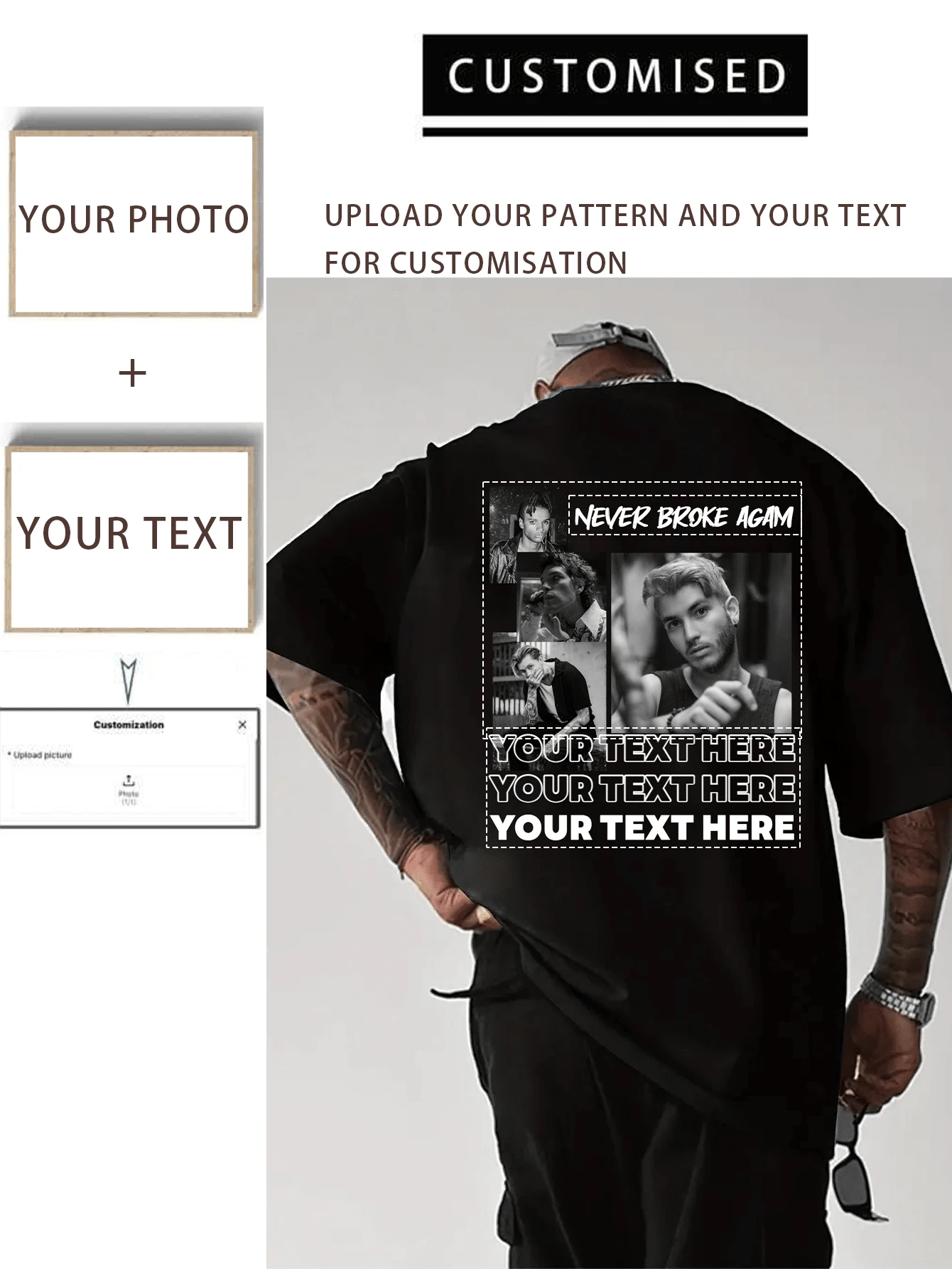 Camiseta casual holgada de cuello redondo personalizada para hombres - Agrega tus propias imágenes (foto familiar/selfie/foto de mascota/foto de amigo/foto de pareja/foto de novia/regalos/logo para parejas/camiseta personalizable para esposo o novio) y tu texto para diseñar tu camiseta impresa personalizada, tops activos personalizados para hombres, deportivos de verano casuales y elegantes en negro - Negro - Ver 1