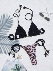 Women's Halter Leopard Print Tie-Up Sexy Backless High-End Bikini 2-Piece Swimsuit Set, 2025 New Arrival Vacation Beach Summer - Brown - View 3