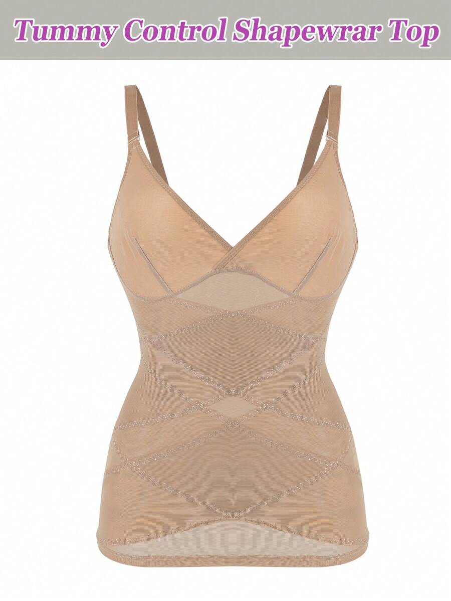 Slimming Women Firm Tummy Control Shapewear V-Neck Camisole Cami Vest Abdomen Compression Tank Top Body Shaper Ladies Underwear Undershirts Shaping Tops Shirts Spaghetti Strap - Beige - View 1