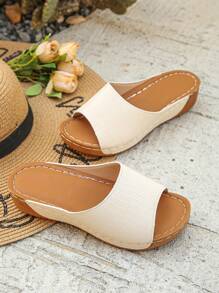 Plus Size 36-45 Summer Fashion Simple Rust Brown Platform Slides, Casual Outdoor Brown Roman Sandals, Lightweight Comfortable Versatile Women Wedge Thick Bottom Sandals - Beige Embossed - View 8