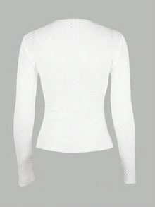 Y2K Shiny Beaded Crew Neck Long Sleeve Fitted Mesh T-Shirt Top - White - View 2