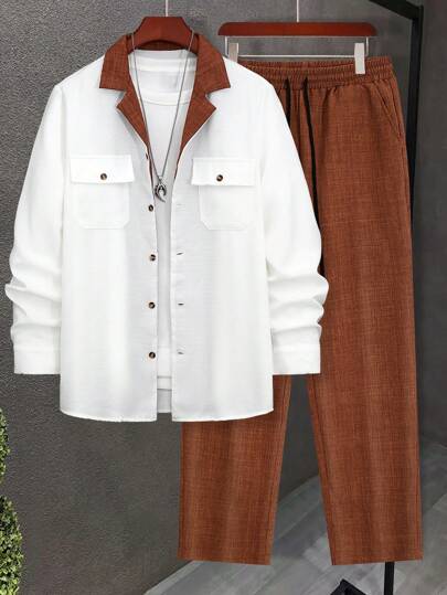 Men's Autumn Thin 2-Piece Set, Contrast Trim Single-Breasted Shirt With Collar, Dual Pockets, Long Sleeve And Drawstring Solid Color Pants, Casual Regular Suit