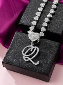 Collares con colgante inicial Cadena de Miami con colgante de letra para mujeres Joyería de estilo Hip Hop con cadena de letras con piedras engarzadas como regalo - Plateado - Ver 10