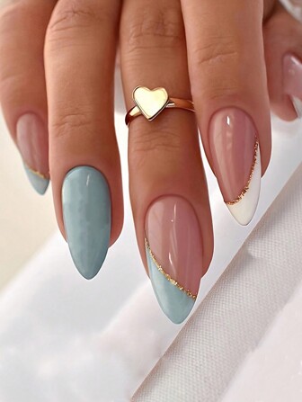 使用 24 件杏仁方形按压指甲套装立即提升您的外观，简约白色法式优雅蓝色法式假指甲时尚金色散粉条纹假指甲可爱蓝色假指甲全覆盖假指甲适用于女性和女孩，包括 1 张粘合标签和 1 件迷你锉刀条果冻凝胶随机发货指甲用品指甲