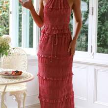 Women Summer Outfit Shirred Tie-Up Halter Neck Sleeveless Open Black Tank Tops Drawstring Long Skirt 2 Pcs Set - 紅色 - 查看 3