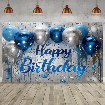 闪亮的蓝色和银色“生日快乐”背景 - 多用途派对装饰，涤纶材质