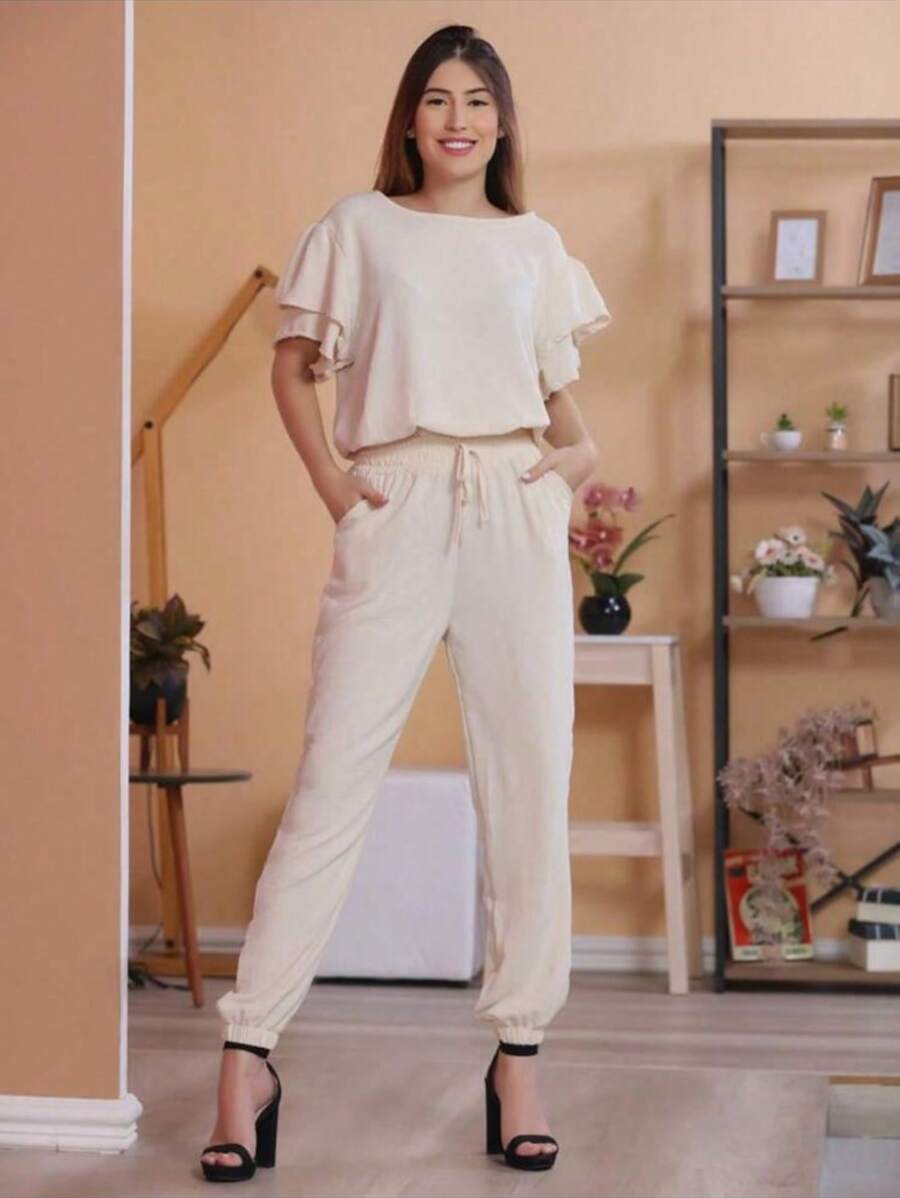 Camisa feminina de duas mangas com babados e calça cropped - Bege - Visão 1