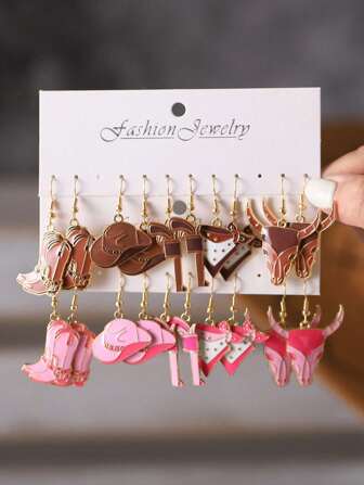 5Pairs Cowboy Cowgirls Charms Drop Dangle Earrings Set Western Style Cowboy Hat Boots Bull Cow Head Pendant Earrings Set Jewelry Gift For Women Mom, Daughter, Best Friend,Party Favors Concerts