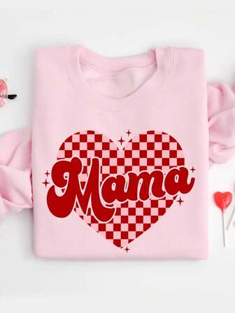 Valentine's Day Red Plaid Heart "MAMA" Print Women Dropped Shoulder Round Neck Long Sleeve Casual Sweatshirt, Versatile