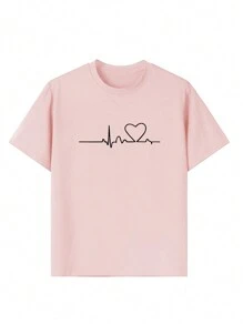 3pcs/Set Girls' Casual Printed Round Neck Short Sleeve T-Shirt, Suitable For Summer Students And Kids - Main Image Features Heart, Puppy High Five, Colorful T-Shirt Brings Joy To Every Child! Girls' Graphic Tee Tops For Summer - Apricot - View 4