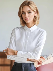 Women White Formal Blouse With Hidden Buttons, Long Sleeve Fitted Work Shirt, Office Lady Wear - White - View 8