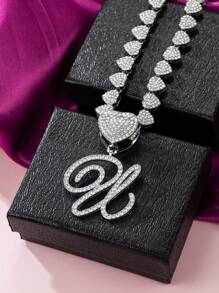 Collares con colgante inicial Cadena de Miami con colgante de letra para mujeres Joyería de estilo Hip Hop con cadena de letras con piedras engarzadas como regalo - Plateado - Ver 17