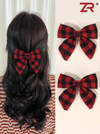 2pcs Women Red & Black Checkered Hair Bow Clips,Casual Daily Hair Accessories Valentines