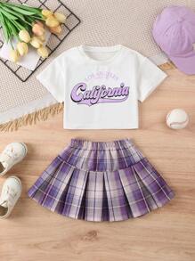 2pcs/Set Young Girl Outdoor Casual Everyday Comfortable Short Sleeve T-Shirt + Skirt Set, Spring/Summer English Letter Tee + Purple Plaid Skirt