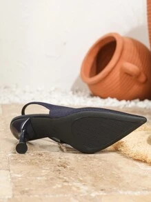 2024秋冬新款时尚性感女士黑色尖头细高跟鞋，缎面材质无后跟套穿式高跟鞋，优雅 - 藏蓝色 - 查看 4