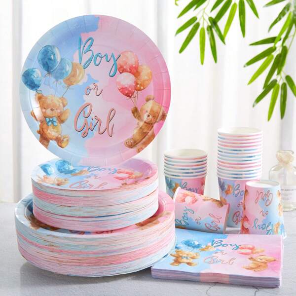 Gender Reveal Party Disposable Dinnerware Set, 7/9 Inch Gender Bear Party Plates & Napkins, Gender Reveal Party One-Time Paper Plates, Party Decorations Suitable For Gender Reveal Party,Christmas