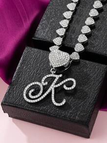 Collares con colgante inicial Cadena de Miami con colgante de letra para mujeres Joyería de estilo Hip Hop con cadena de letras con piedras engarzadas como regalo - Plateado - Ver 21