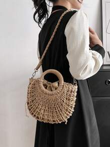 1 件女士半圆形编织抽绳斜挎包，时尚假日手提包适合旅行和日常购物