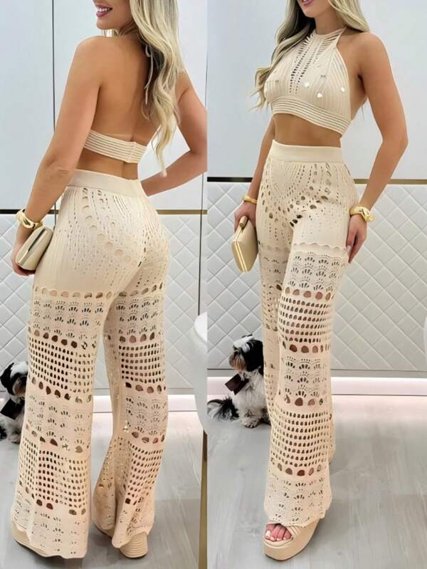 ChicMe 2 Pieces Halter Sleeveless Crop Top And Casual Hollow-Out Loose Fit Pants Set