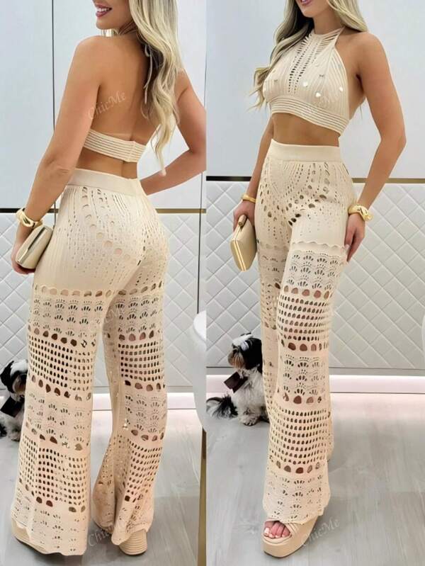 ChicMe 2 pezzi set composto da top corto con spalline e senza maniche e pantaloni casual e ampi con design traforato
