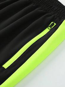 Men's Zippered Pocket Patchwork Stand Collar Leisure Sports Letter Print Casual Pants, Versatile For Daily Wear